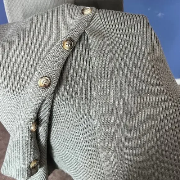 Harper & Ivy Ribbed Knit Midi Dress Sage Green Button Front Bodycon Small NWOT - Picture 6 of 6